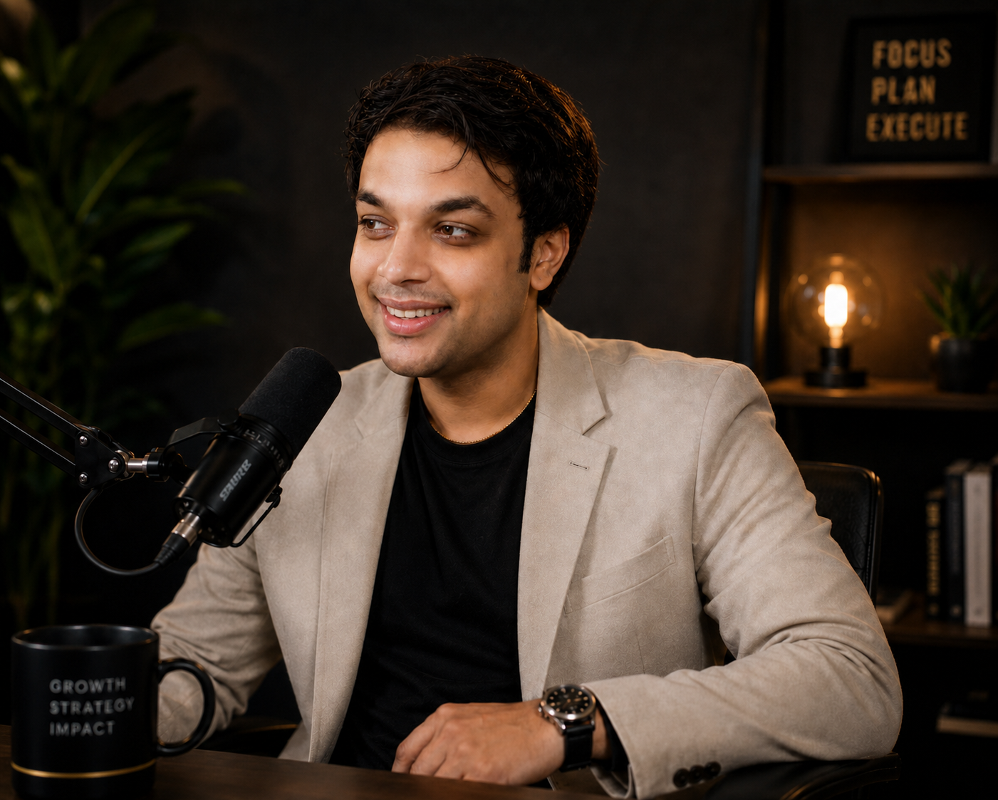 Sparsha Majumder in a podcast studio discussing growth strategy